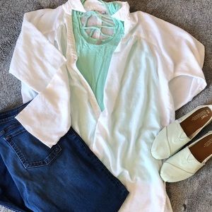 JustFab white button down shirt or cardigan.